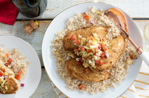 Cumin Rubbed Chicken with Artichoke Salsa and Brown Rice