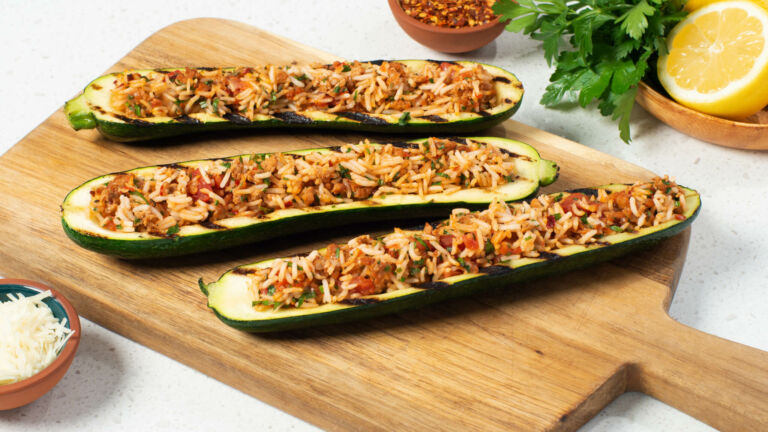 Zucchini Boats Stuffed with Rice and Sausage