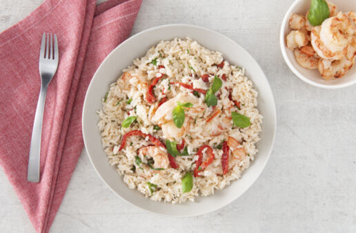 Roasted red pepper rice with basil, shrimp and Alfredo