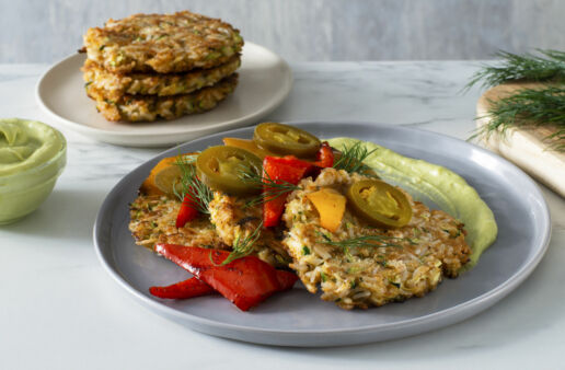 zucchini-and-basmati-rice-latkes-with-vegetables-and-avocado-cream-tex-mex-style