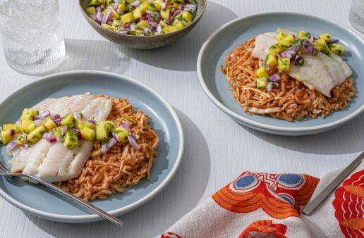 Mango Salsa Baked Cod with BBQ Slaw Rice