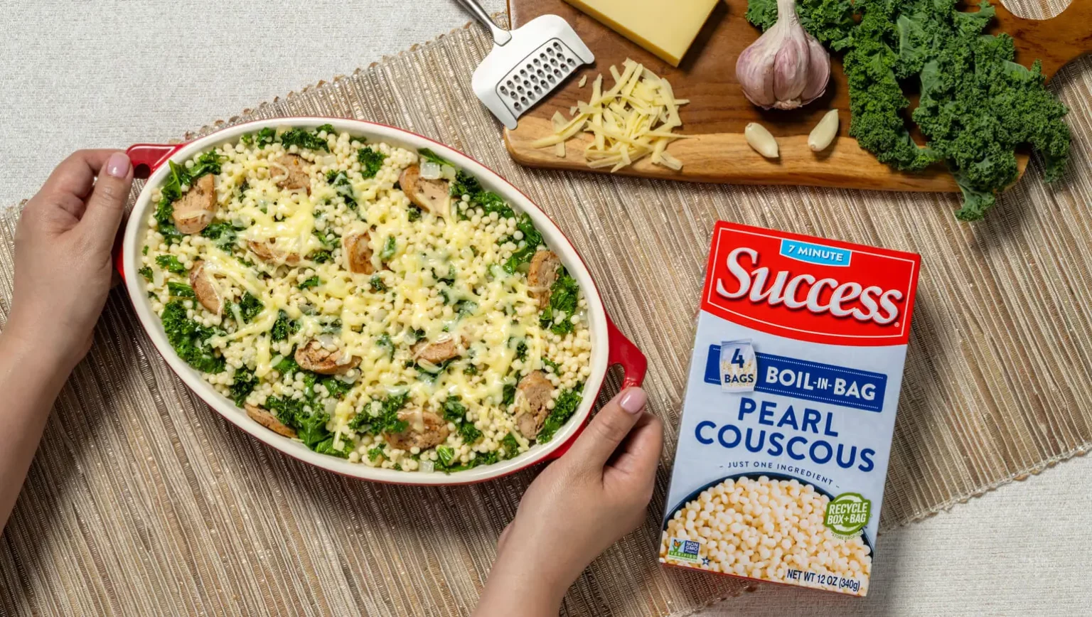 Baked Pearl Couscous with Chicken Sausage, Kale & Gruyère